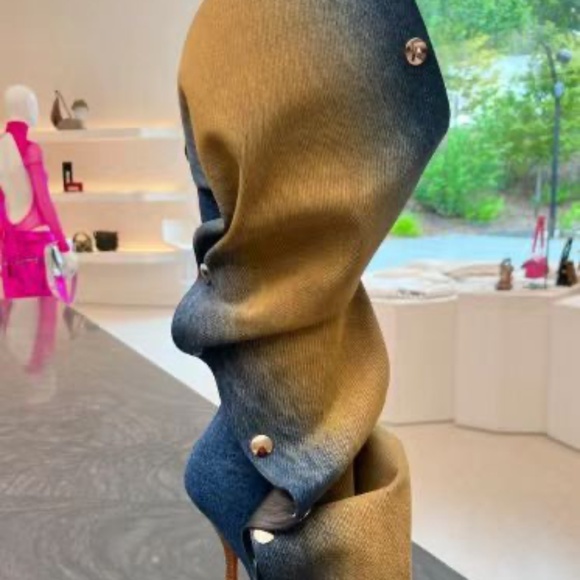 High heeled pointed metal rivet denim patchwork boots - Picture 1 of 16